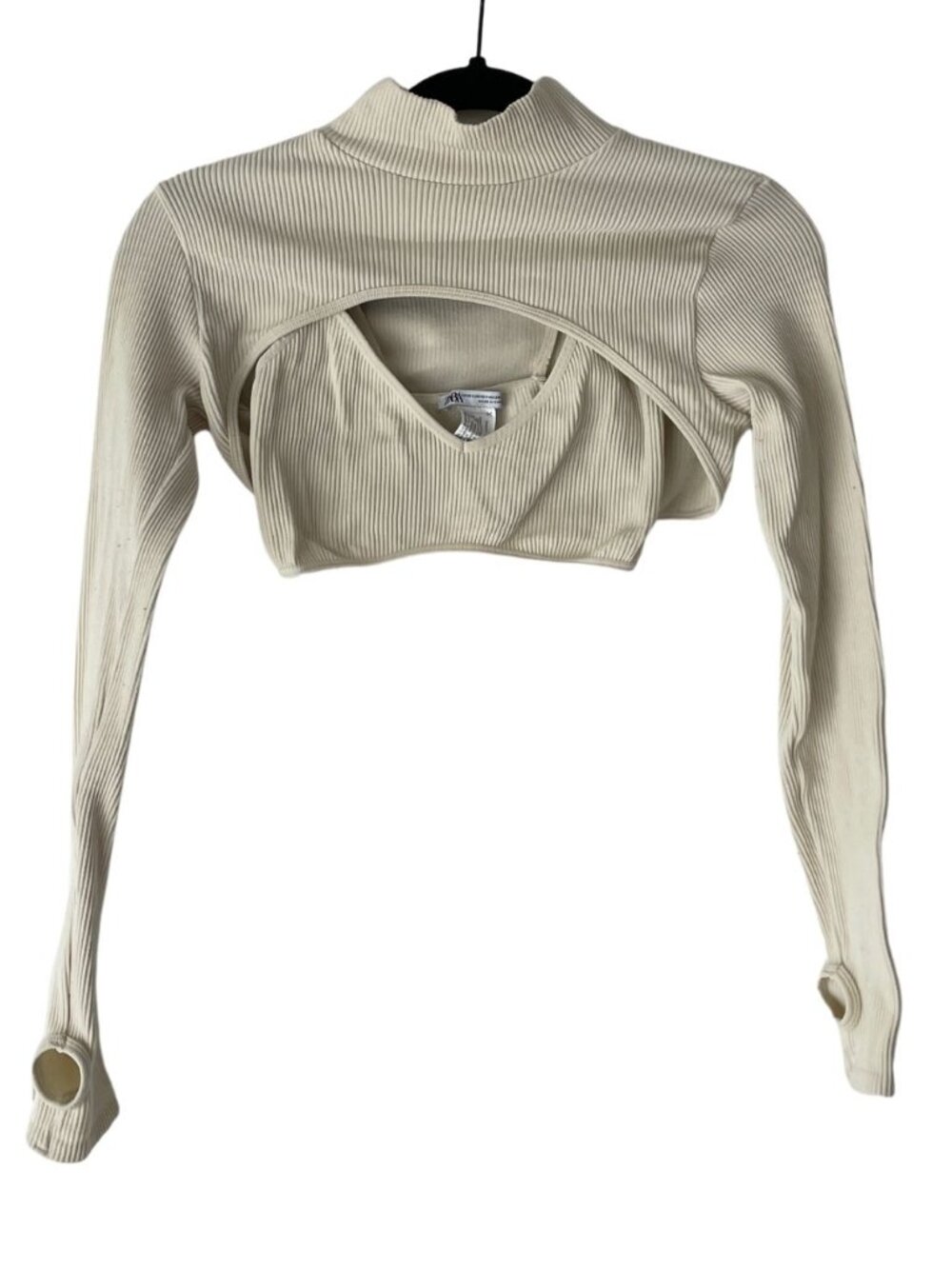 Zara Ribbed Cropped Shrug with Inner Top Set, Cream, Shrug M-L / Top XS-S